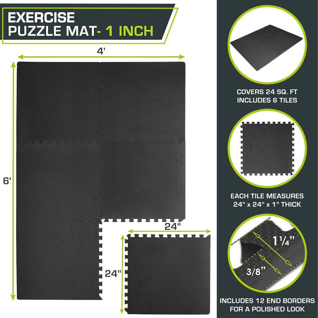 ProsourceFit Extra Thick Exercise Puzzle Mat - 1-Inch EVA Foam Interlocking Tiles | Cushioned Flooring, Black, 24 SQ FT