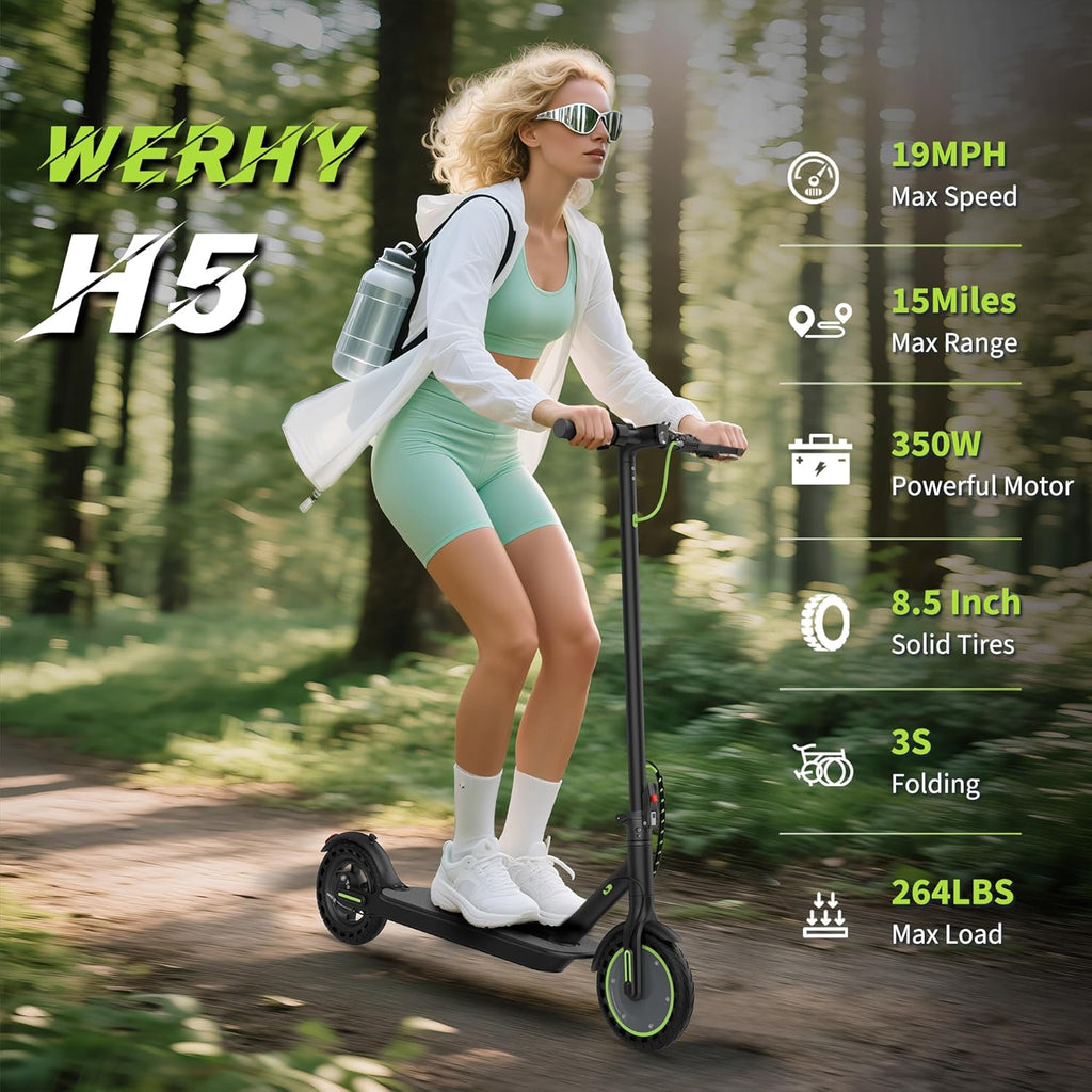 WERHY Electric Scooter - 350W/500W Motor, 19/22 MPH Speed, 15-28 Miles Range | Lightweight & Foldable with Dual Braking Systems