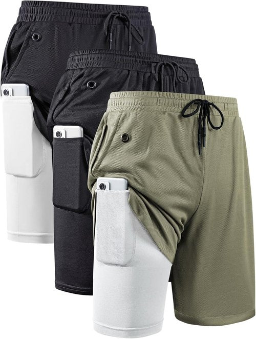 JWJ Men's 2-in-1 Running Shorts - Quick-Dry Athletic Gym Wear with Side Pockets