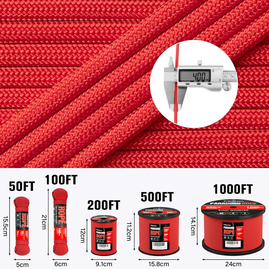 Paracord 550 lb | Heavy-Duty 50ft Parachute Cord - 4MM 7-Strand Survival Rope in Red