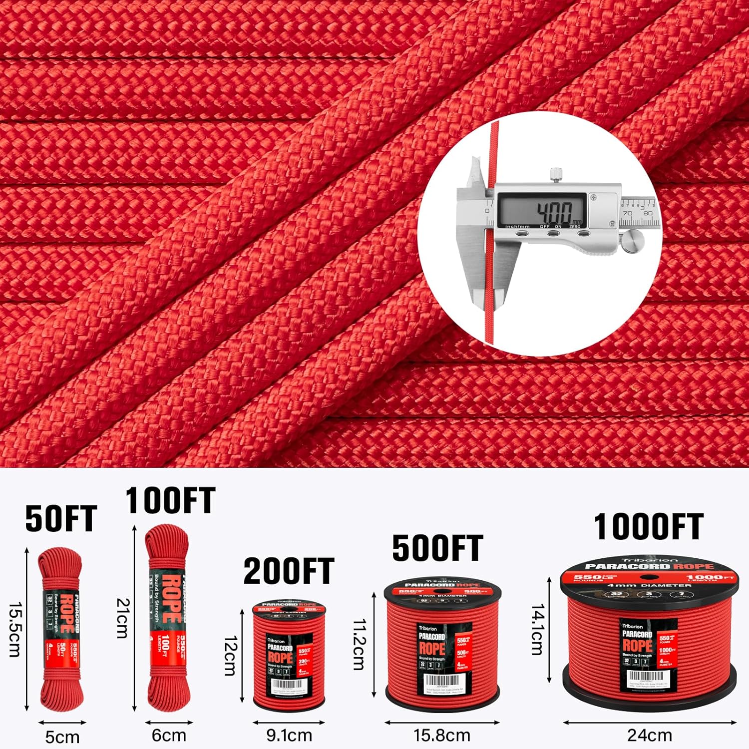 Paracord 550 lb | Heavy-Duty 50ft Parachute Cord - 4MM 7-Strand Survival Rope in Red