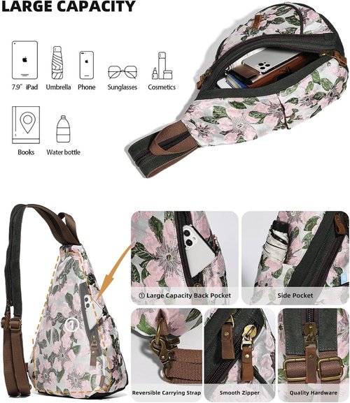 KL928 Canvas Sling Bag - Stylish Crossbody Backpack for Men & Women | Embroidered Pink Design