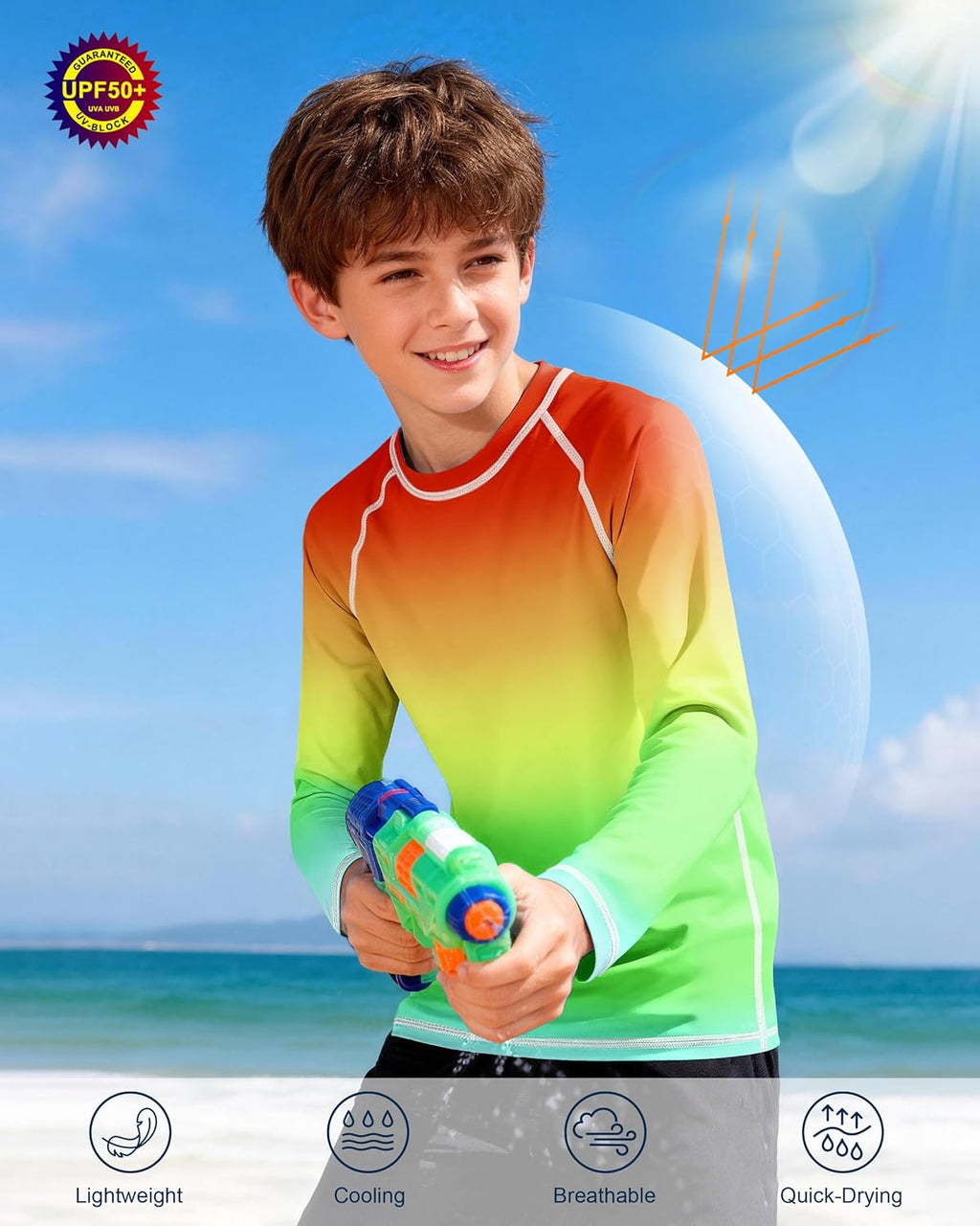 Skiennix Boys UPF 50+ Long Sleeve Swim Shirt - UV Sun Protection Rash Guard | Youth SPF Water Shirt
