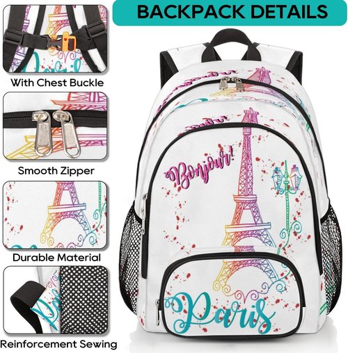 Bonjour Paris | Eiffel Tower Kids Backpack - Lightweight, Waterproof Schoolbag for Teens, Colorful Design