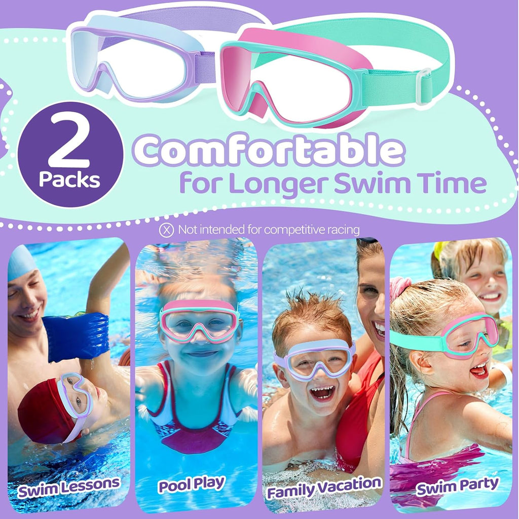 Vvinca Kids Swim Goggles - Anti-Fog, UV Protection, No Leak Design | 2 Pack with Comfort Strap for Ages 3-14