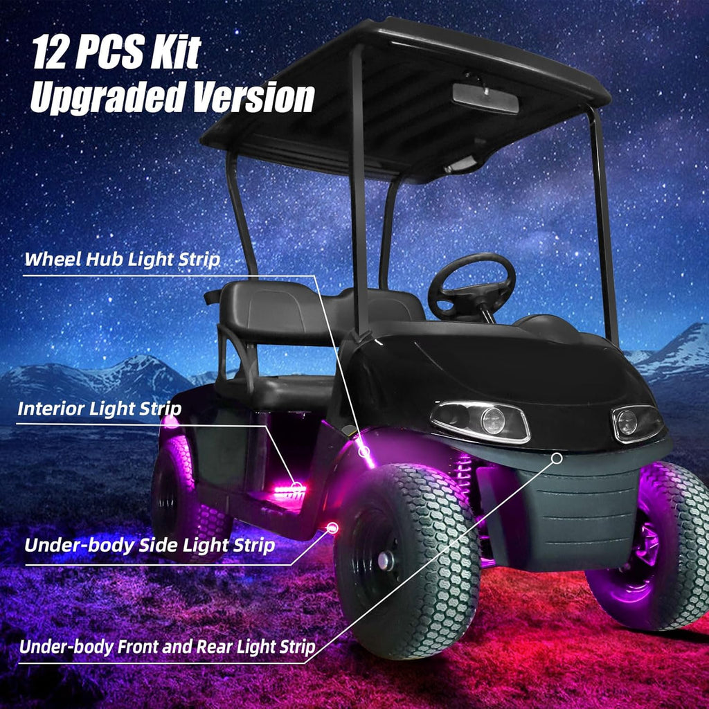 Roykaw Golf Cart LED Strip Lights - Waterproof Neon Accent Kit with Wheel Well & Interior Lights | Million Colors, Sync to Music, Fits 12V-80V, 12 PCS