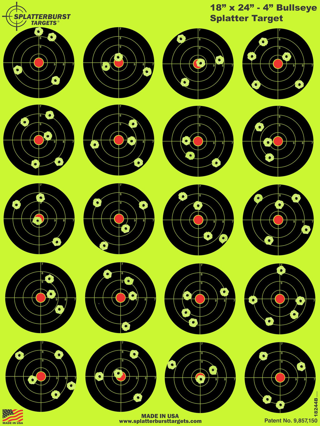 Splatterburst Targets - 18 x 24-4 inch Bullseye Splatter Target - Easily See Your Shots Burst Bright Fluorescent Yellow Upon Impact - Made in USA (50 Pack)