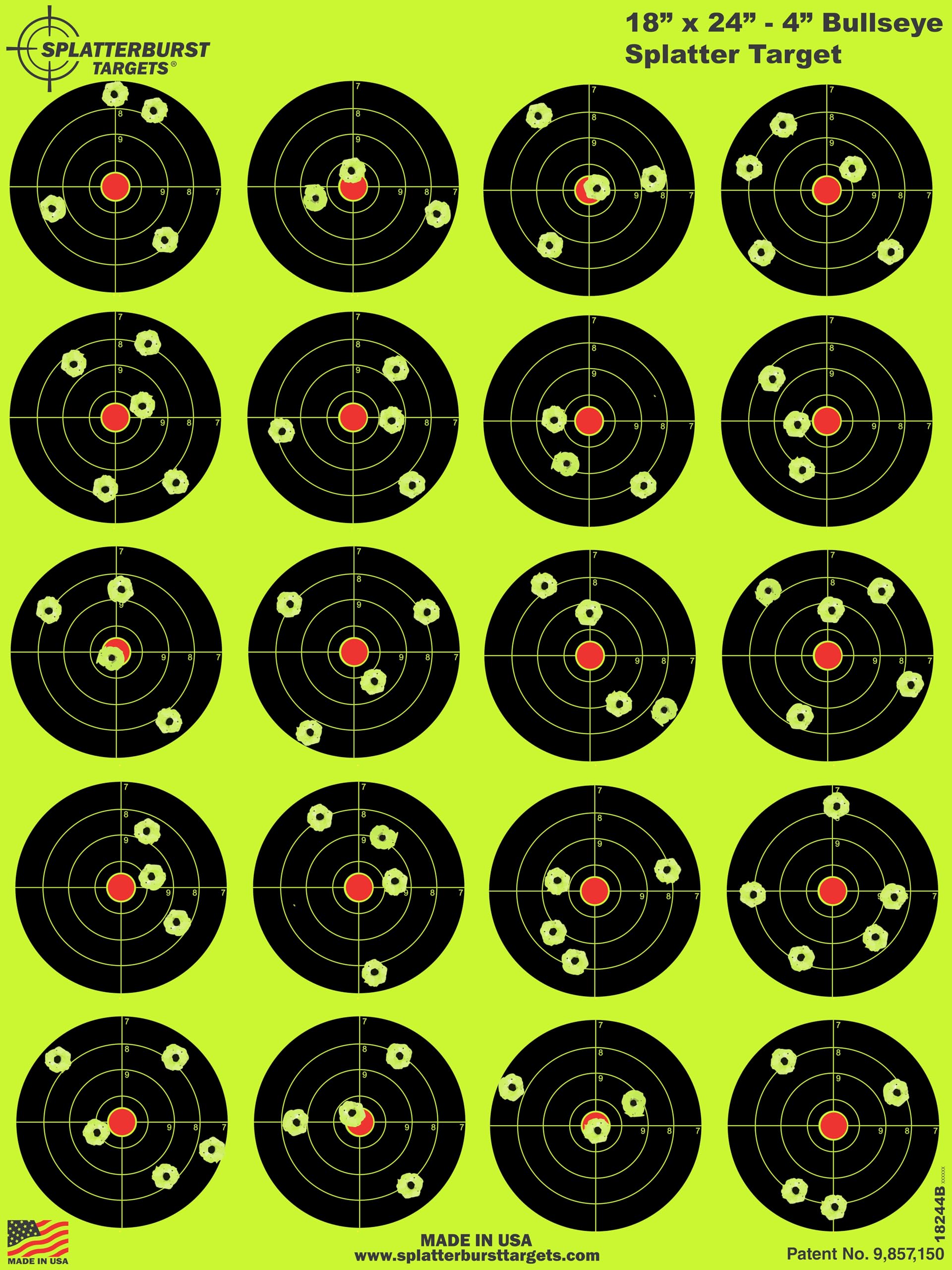 Splatterburst Targets - 18 x 24-4 inch Bullseye Splatter Target - Easily See Your Shots Burst Bright Fluorescent Yellow Upon Impact - Made in USA (50 Pack)
