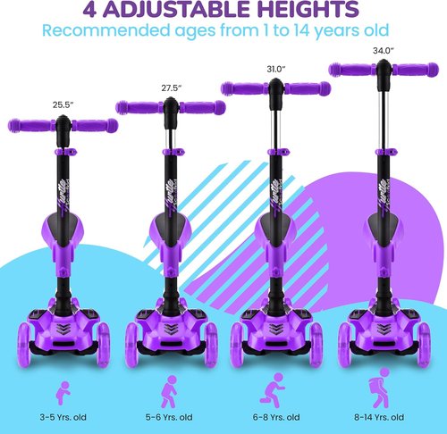 Hurtle 3-Wheeled Kids Scooter - LED Wheel Lights, Adjustable Handlebar, Foldable Seat | Sit or Stand Ride for Ages 1-14