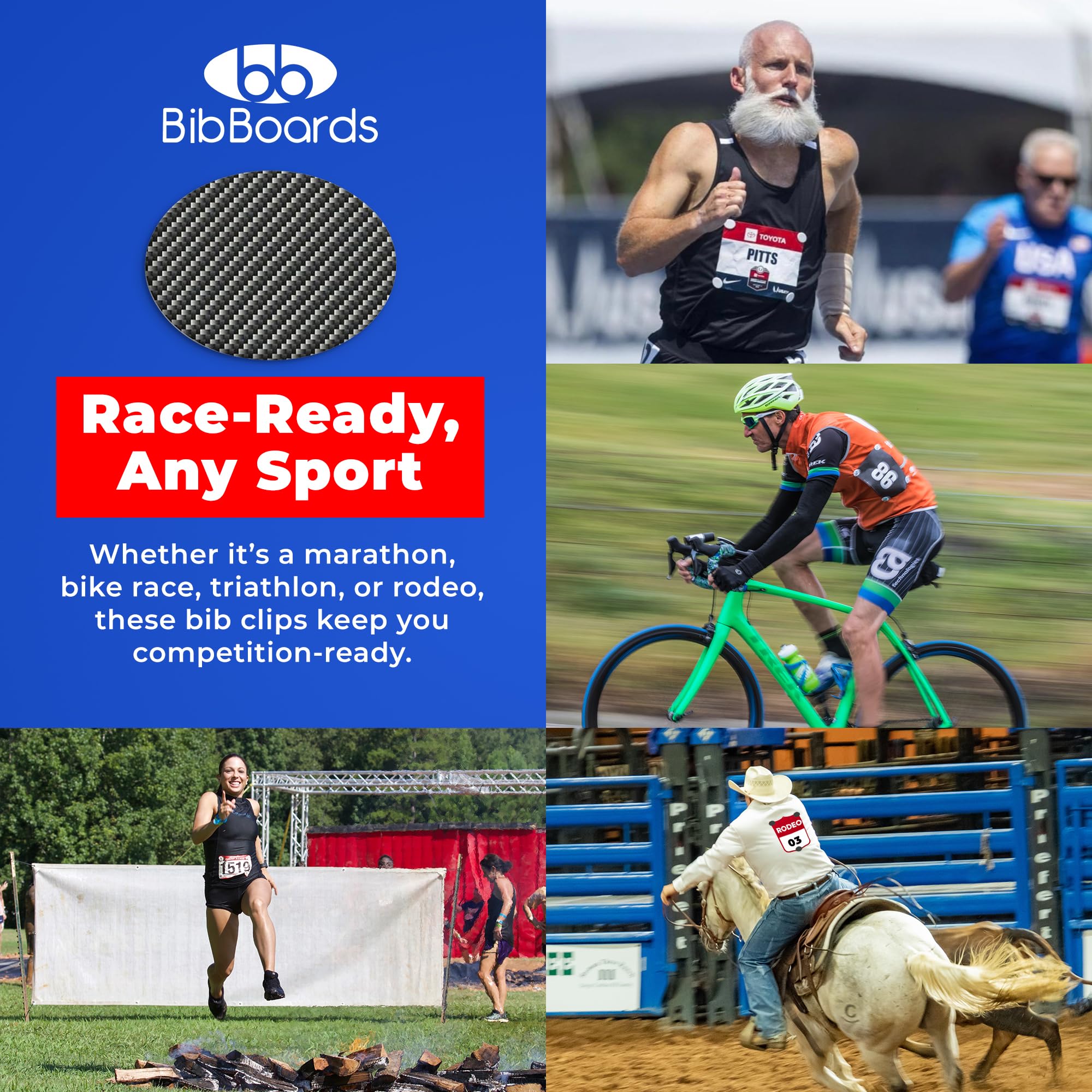 bibSNAPS Race Bib Clips - Safety Lock Fasteners - Secures Running, Marathon, Cycling and Event Number, Non Magnetic, Easy to Use, Soft & Reusable - Replacement for Pins & Magnets - Carbon Fiber (4pcs)