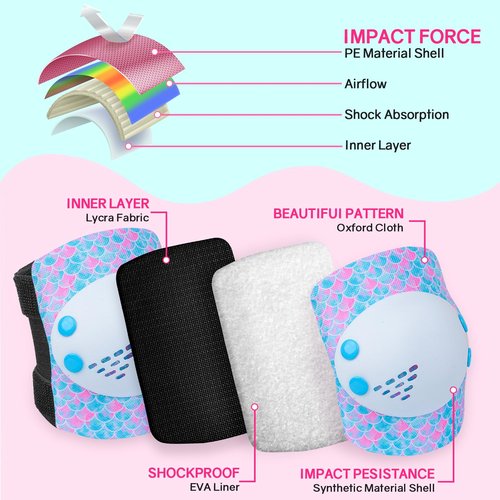 Ausletie Knee Pads for Kids Girls Protective Gear Set Adjustable Knee Pads and Elbow Pads Set with Wrist Guard for Girls Kids Toddler Roller Skates Bike Cycling Skateboard Scooter (Blue&White Mermaid)