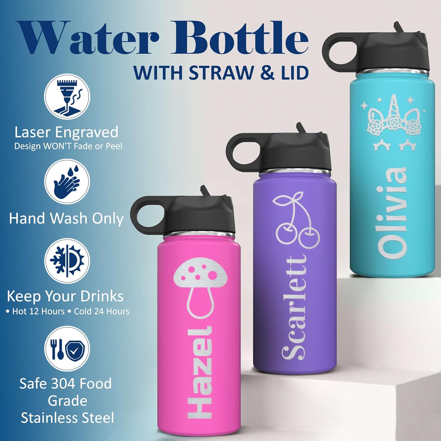 Skiennix Personalized Insulated Stainless Steel Water Bottle - Custom Engraved 18 oz | Flip Top Lid & Straw for Kids, Teens, Adults