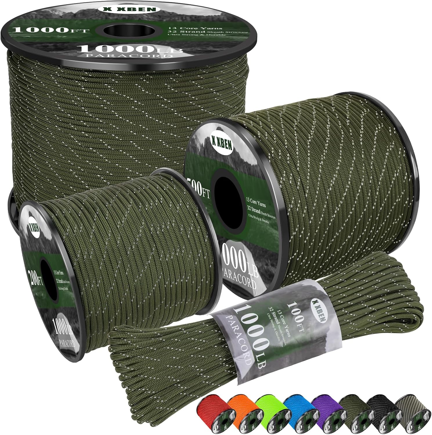 X XBEN Paracord Rope - Reflective 1000lb Strength | 50ft to 1000ft Lengths - Tactical Cord for Camping & Survival, Army Green