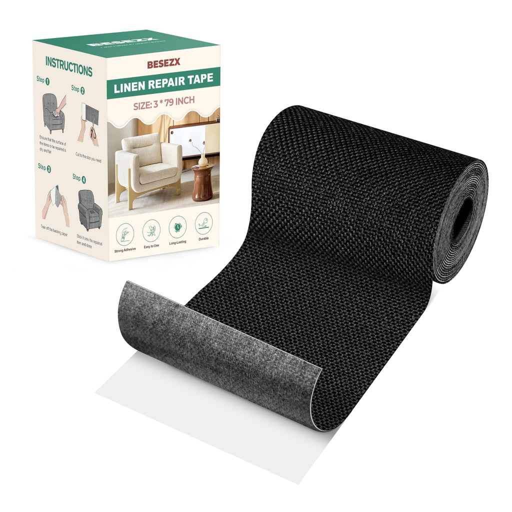 BESEZX Linen Fabric Repair Tape, 3x79 Inch Self Adhesive Repair Patches, Couch Fabric Tape for Furniture, Sofa, Chair, Upholstery.(Black)