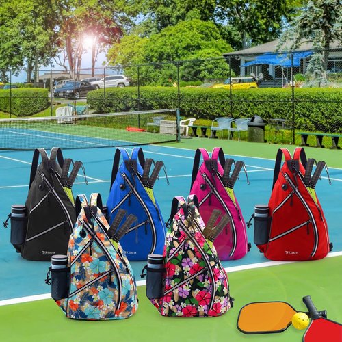 ZOEA Pickleball Bag, Sport Pickleball Sling Bag for Women Man, Adjustable Pickleball Backpack with Water Bottle Holder, Fits 4 Paddles and All Your Other Gear (Rose Red)
