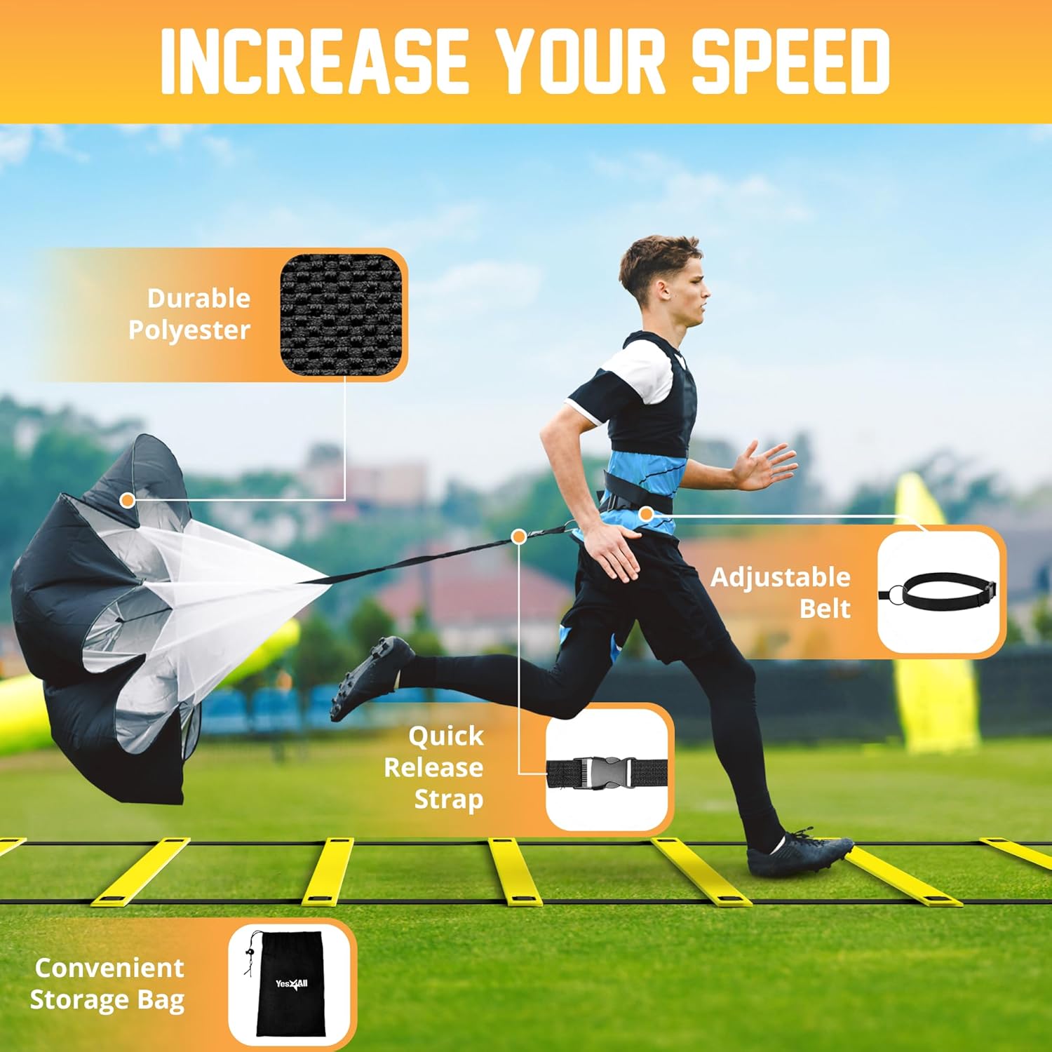 Yes4All Agility Ladder Set - Speed Training Equipment with Adjustable Ladder, Cones, Hurdles & Parachute