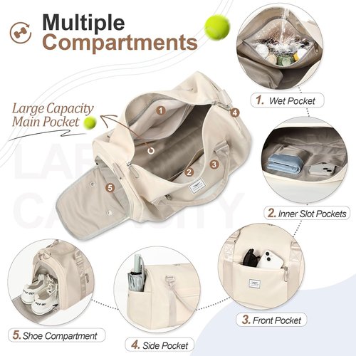 FIORETTO Women's Gym Tote Duffle Bag - Wet Pocket & Shoe Compartment | Beige Sports Weekender Bag