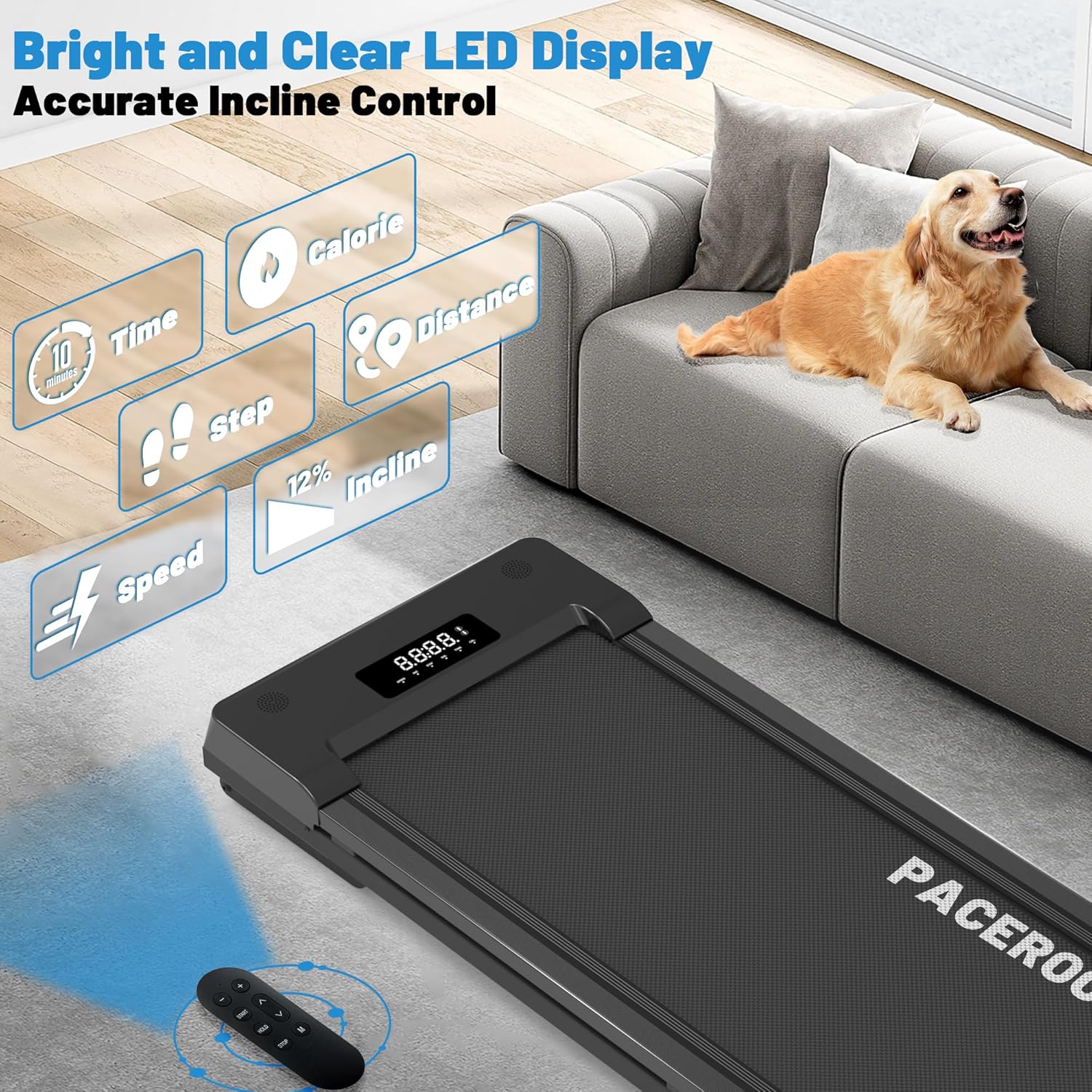 Walking Pad Treadmill - 12% Auto Incline, 450 lbs Capacity, Bluetooth Speaker | Under Desk, 5 MPH