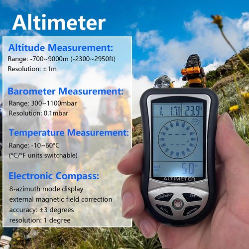 Digital Altimeter, Digital Compass, Hiking Thermometer, Timer & Backlight, 8 in 1 Hand-Hold Barometer for Mountaineering Outside 2300 to 29500FT 1100MBAR, 300mbar to 1100mbar