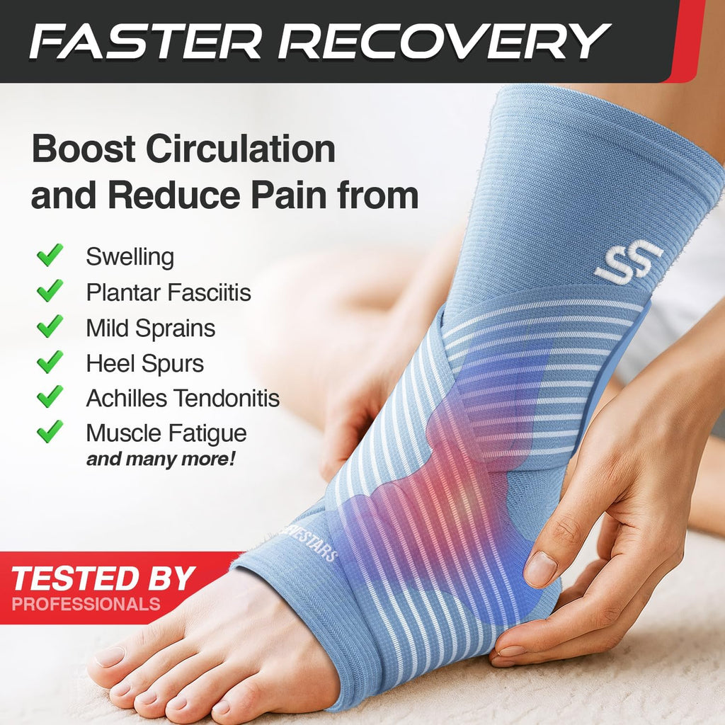 Stars Ankle Brace - Compression Sleeve for Sprained Ankle Relief | Customizable Support in Light Blue (L: 12"-13")