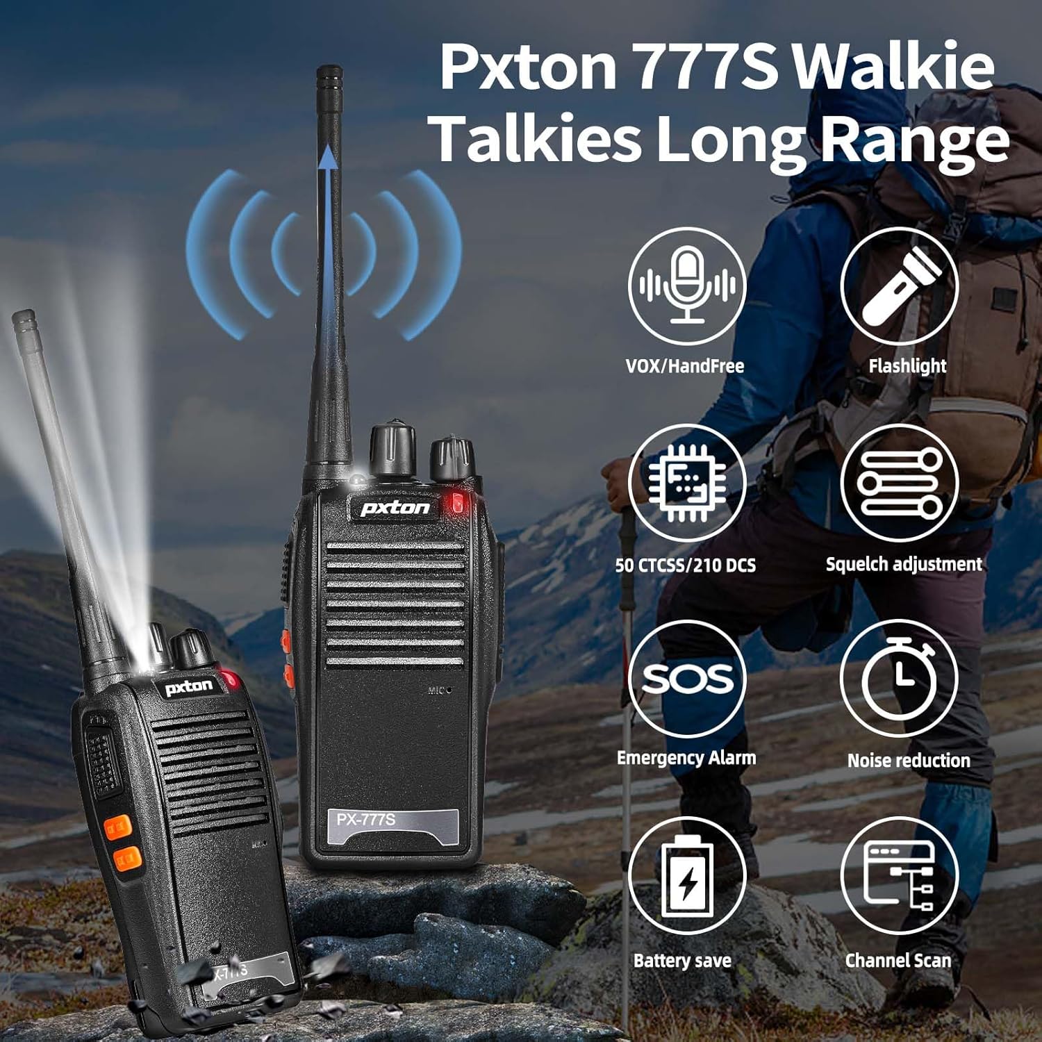 Pxton Walkie Talkies 777S & 888S - Long Range Rechargeable Two-Way Radios with Earpieces | 8 Pack