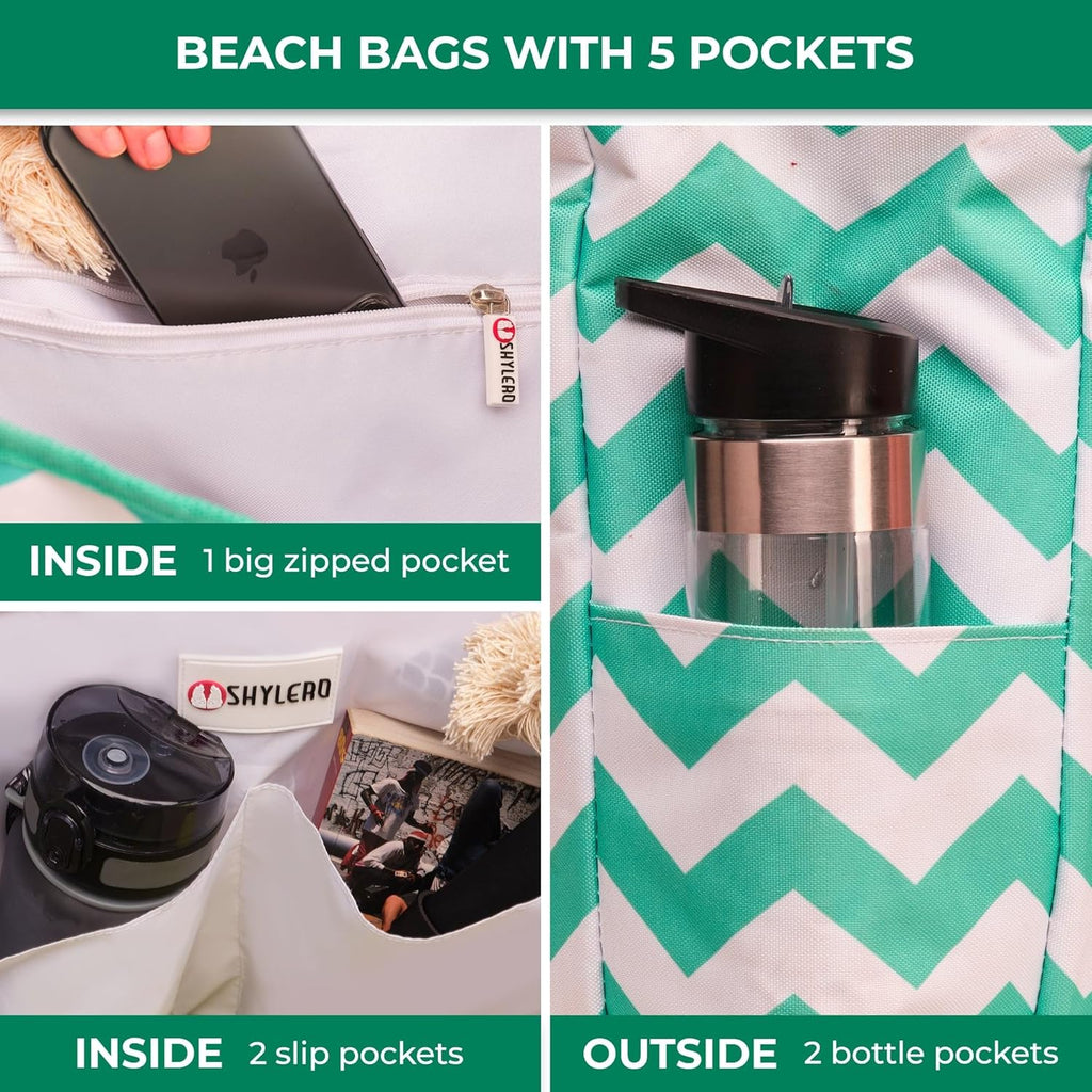 Skiennix Beach Tote - Family Size Waterproof Bag with Cooler Pocket & 7 Pockets Total
