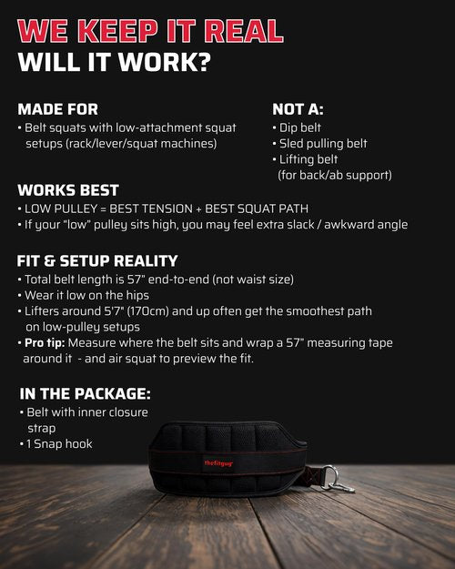 THEFITGUY Ultimate Belt for Belt Squats, Rack Attachment and Squat Machine, Structured Back Support, Stays Low During Down Movement, Padded Hip & Thigh Area, Buckle Strap - No Sliding Down, Heavy Duty