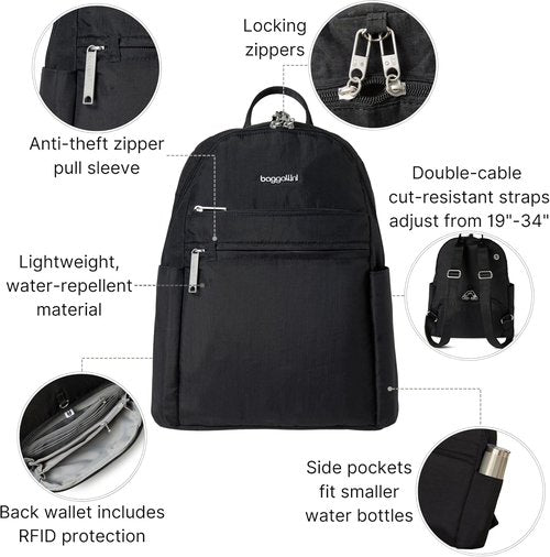 Baggallini Securtex® Anti-Theft Travel Backpack - Slash-Resistant Nylon Daypack with RFID | Black