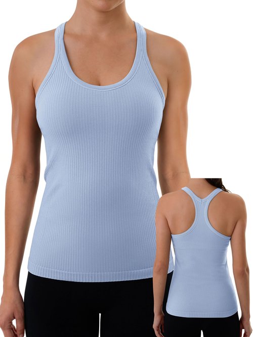 3rd hill Ribbed Workout Tank Tops for Women with Built in Bra Racerback Yoga Sports Bras Fitness Running Shirts Light Blue XL