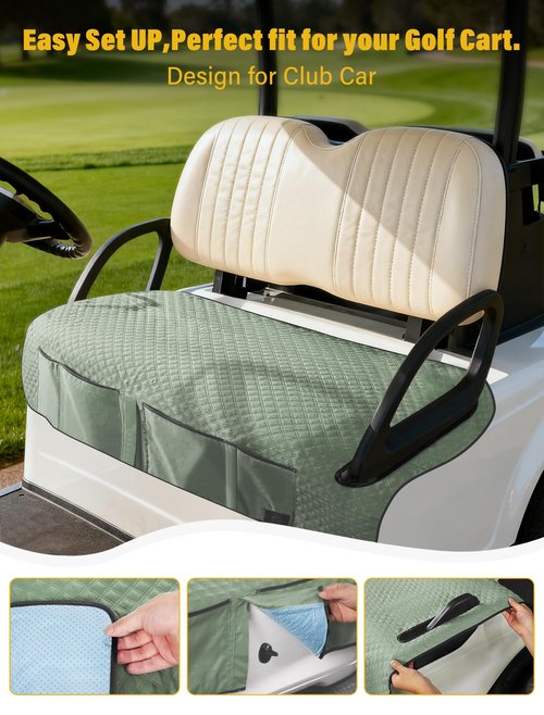 Coivy Golf Cart Seat Covers,Golf Cart Seat Towel Blanket with 4 Front Pockets & Nonskid Bottom Fits for Club Car and More 2 Person Seats Golf Carts (Silver Green, Club Car)