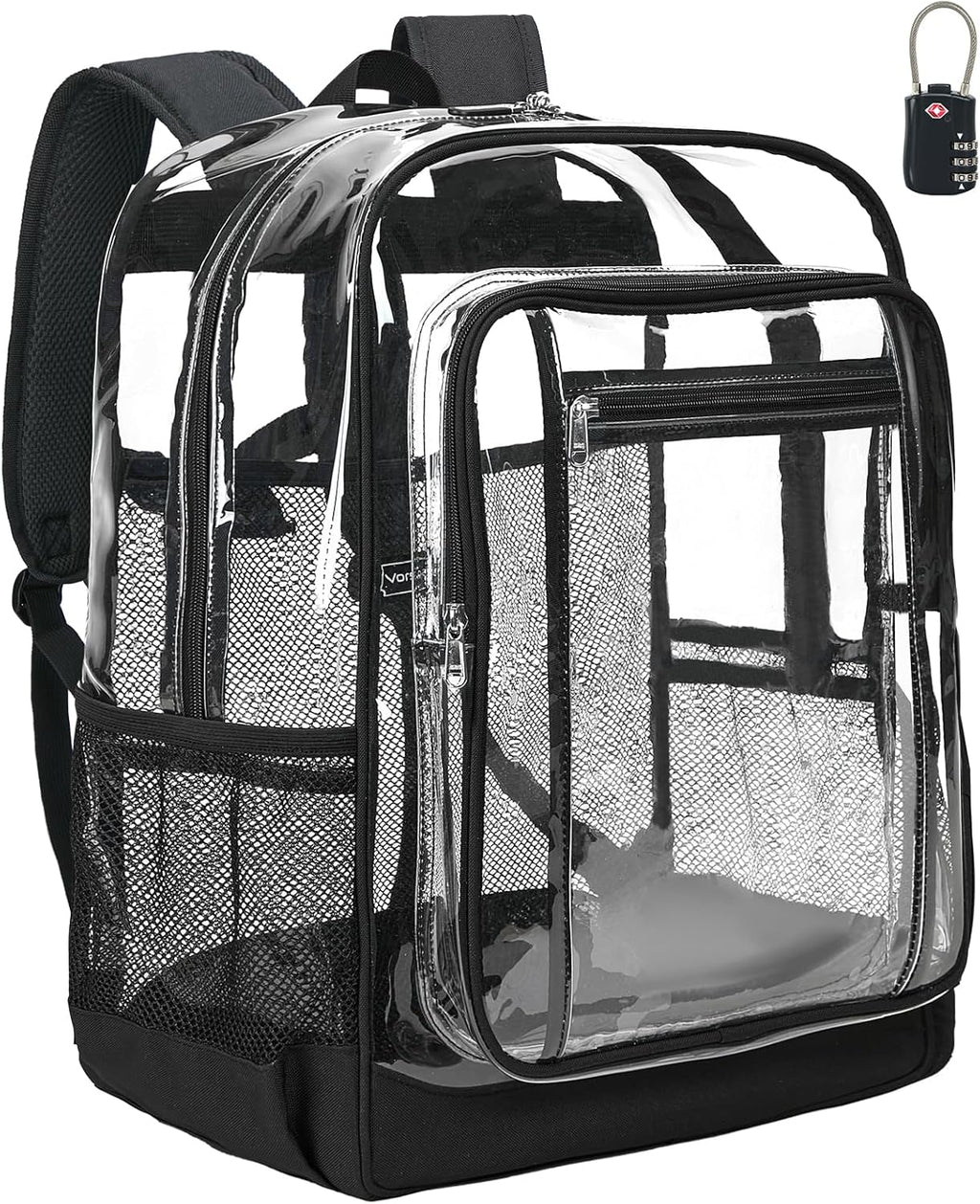 Vorspack Clear Backpack - Heavy Duty Extra Large Transparent Bookbag with TSA Lock | Black for College & Travel