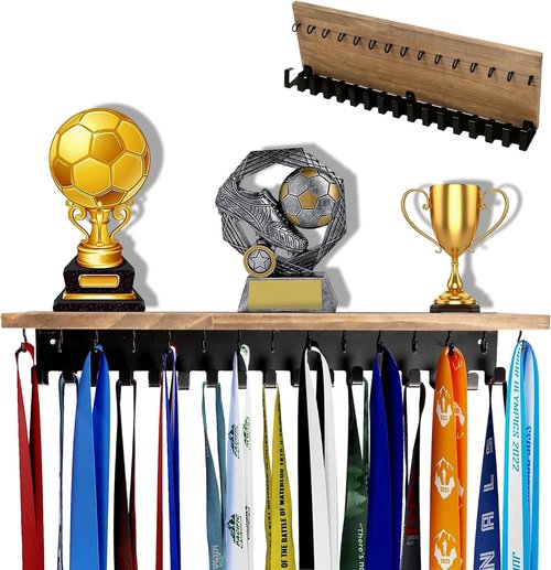 Defined Deco Medal Hanger - Wooden Trophy Shelf With 32 Hooks for Wall Mount Display | Ideal for Gymnastics, Soccer, Running Medals