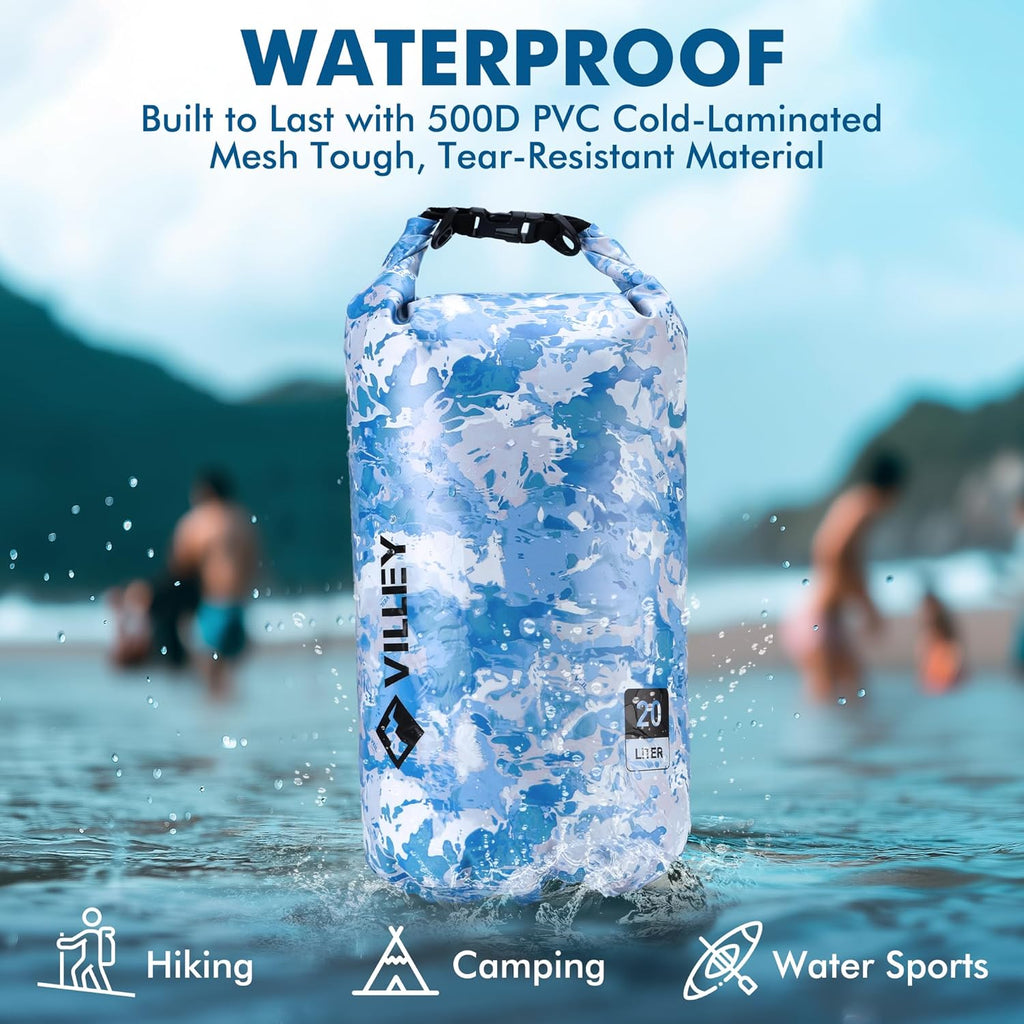 VILLEY Waterproof Dry Bag - 10L Roll Top Backpack for Kayaking, Boating & Camping | Blue Camo Design