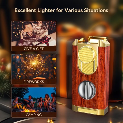 All-in-One Triple Torch Lighter, Built-in V Cutter, Holder, Adjustable Windproof Jet Flames Lighter, Refillable Butane Design, Ideal Gift for Men with Gift Box (Butane not Included)