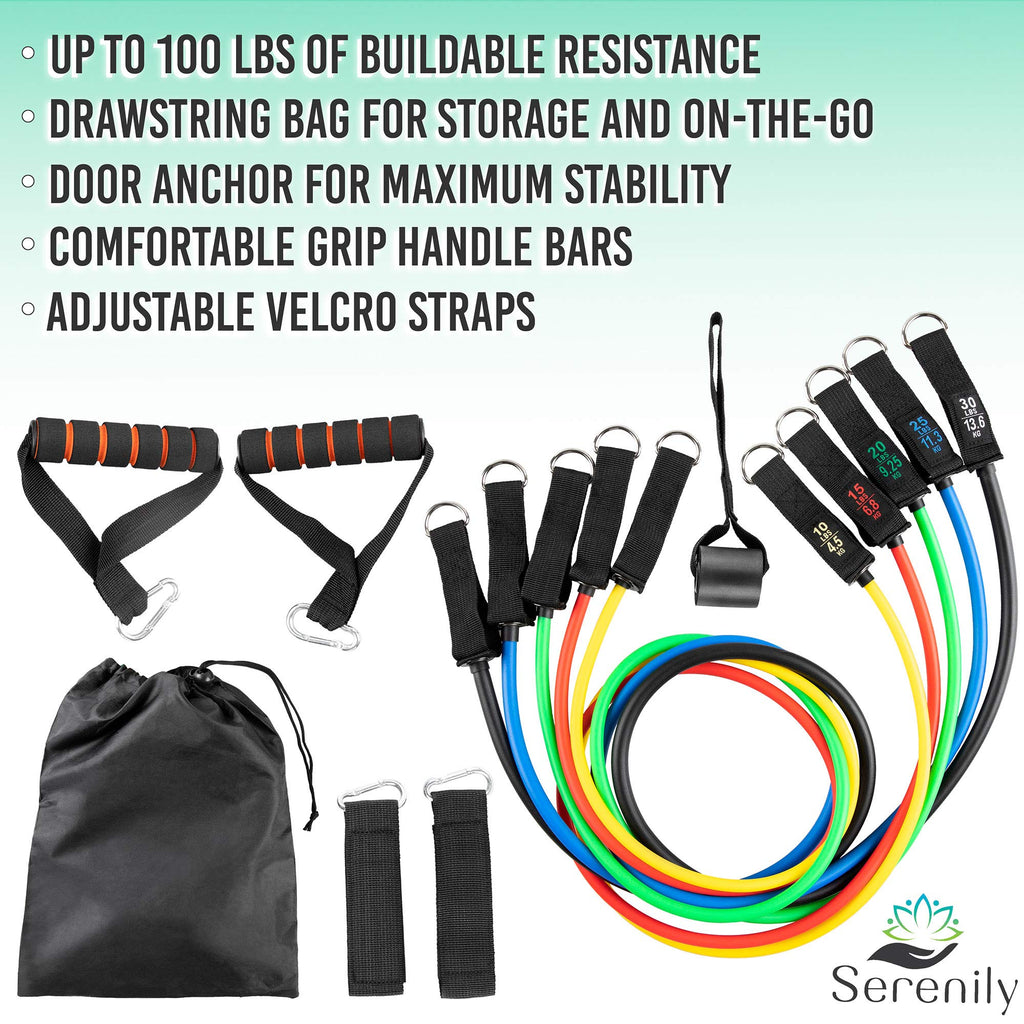 Serenily Exercise Bands, Resistance Bands for Women & Men. Workout Bands with Handles, Straps & Door Anchor Fitness Bands for Resistance Training, Home Workout Equipment Gym Bands for Physical Therapy