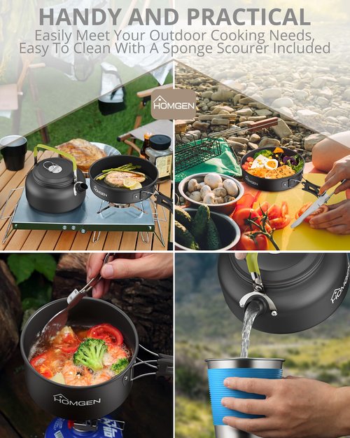 HOMGEN 12pcs Ultralight Anodized Aluminum Camping Cookware Set for 2 People - Nesting Pot/Pan with Foldable Handles 800ml Insulated Teapot & Stainless Cups- Compact Backpacking Gear for Camping Hiking