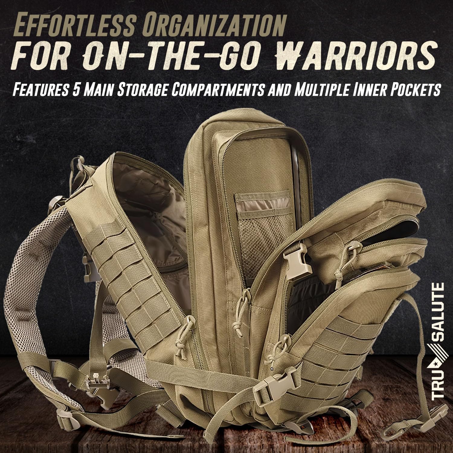 Tru Salute 45L Military Tactical Backpack - Large Army Assault Pack | Molle Bug Out Bag (Tan)