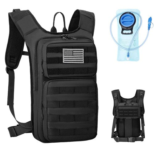 Koculemi Tactical Hydration Backpack with 2L Water Bladder and Front Small Tactical Pouch, Outdoor Water Backpack for Men Women, Sports Hydration Pack for Hiking, Cycling, Climbing (Black, M)