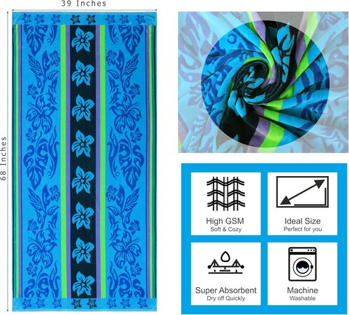 COTTON CRAFT Oversized Beach Towel - XL 39 x 68 Inches | 100% Cotton Jacquard Velour - Super Soft Tropical Hibiscus Design