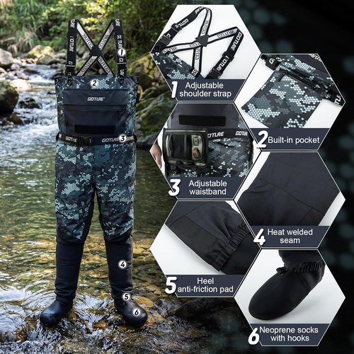 Goture Waterproof Fly Fishing Waders - 5-Layer Breathable Design with Multiple Storage Pockets | 5 Sizes Available