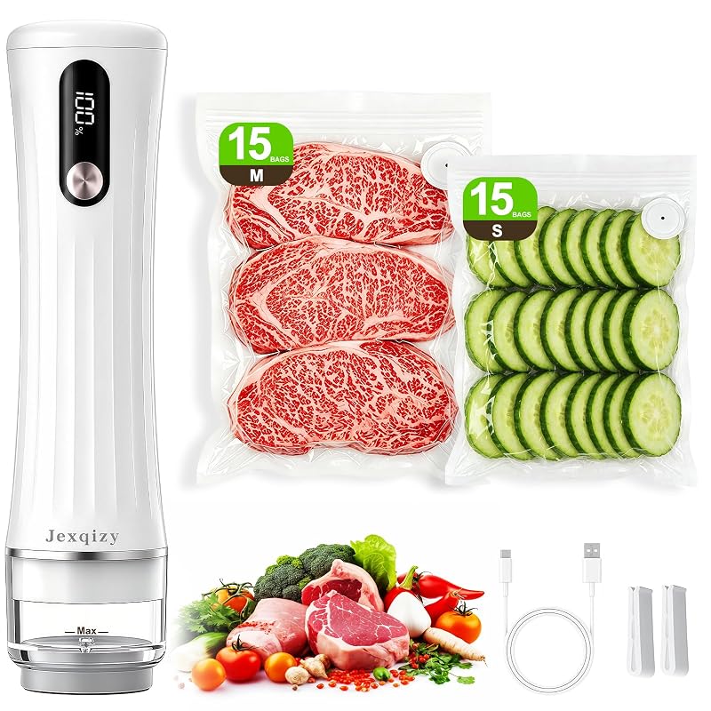Vacuum Sealer for Food with LED Display, 80kPa Handheld Food Saver | 30 Bags (15S+15M) Variation
