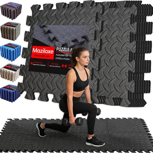 Maziloxe 18 Tiles Gym Mats for Home Gym, Non-Slip EVA Interlocking Foam Floor Tiles, 12.6" x 12.6" x 0.4" 18 Sq.Ft Puzzle Exercise Mats for Kids Playroom, Garage & Home Gym Flooring