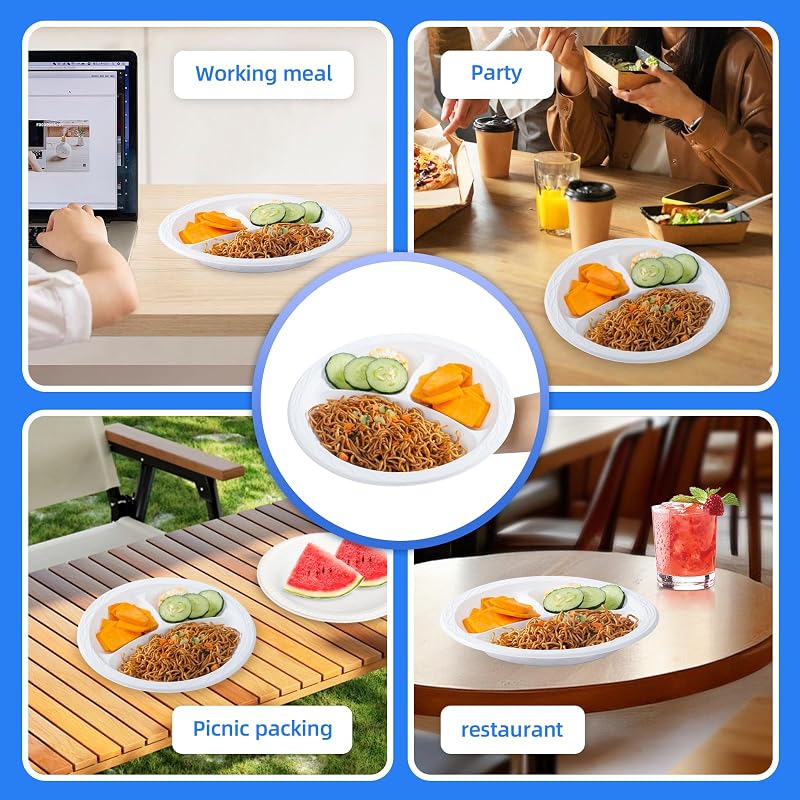 White 10 in 3-Compartment Plate (150-Pack) - Shrink Wrapped, No Pre-Wash, 3-Section