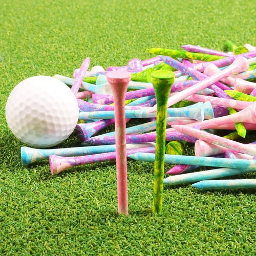Amy Sport Golf Tees Styllish Bamboo Wooden Coloured Painted Bulk 200 Pack 1 1/2 3 1/4 2 3/4 Inch Tee, Enhanced Visibility Color Purple Pink Green Blue, Practice for Men Women (Colorful, 3 1/4 Inch)
