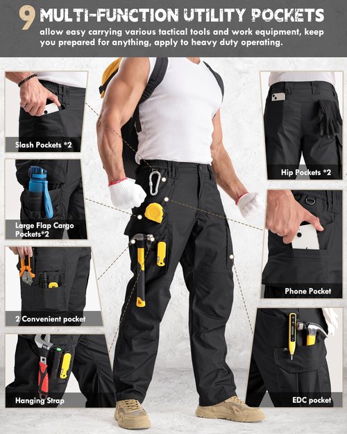 IGOLUMON Work Pants for Men Cargo Pants Tactical Pants with 9 Pockets, Ripstop Lightweight Stretch Outdoor Hiking Pants Black