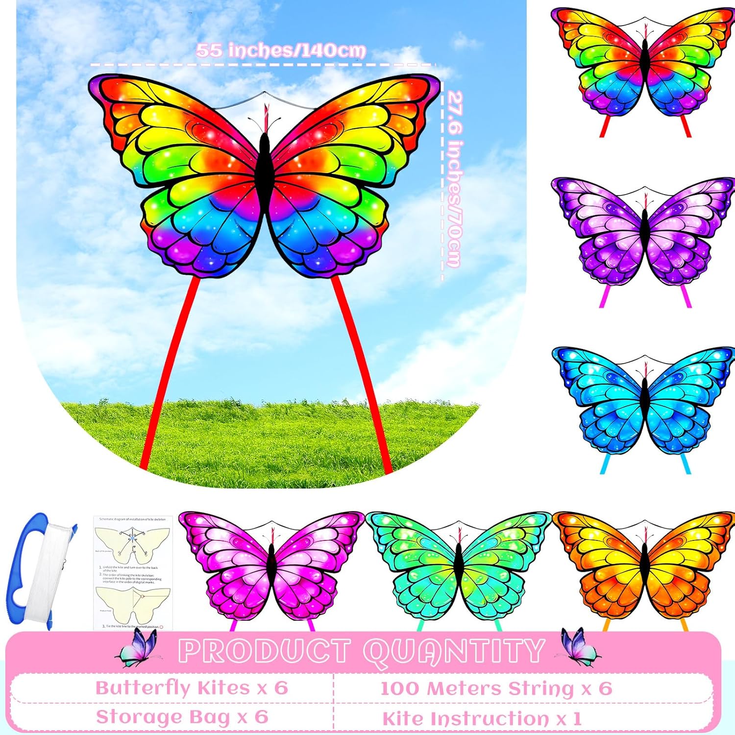 Silipull Butterfly Kites - 6 Pcs Large 55" x 28" Colorful Kites with 328ft String for Outdoor Fun
