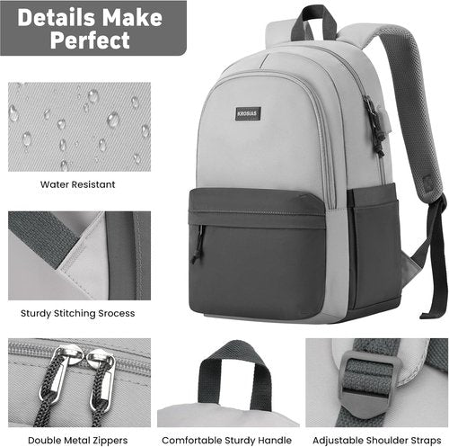 KROSIAS School Backpack - Cute 15.6 Inch Laptop Bag for Teens | Aesthetic Dark Grey & Light Grey Design