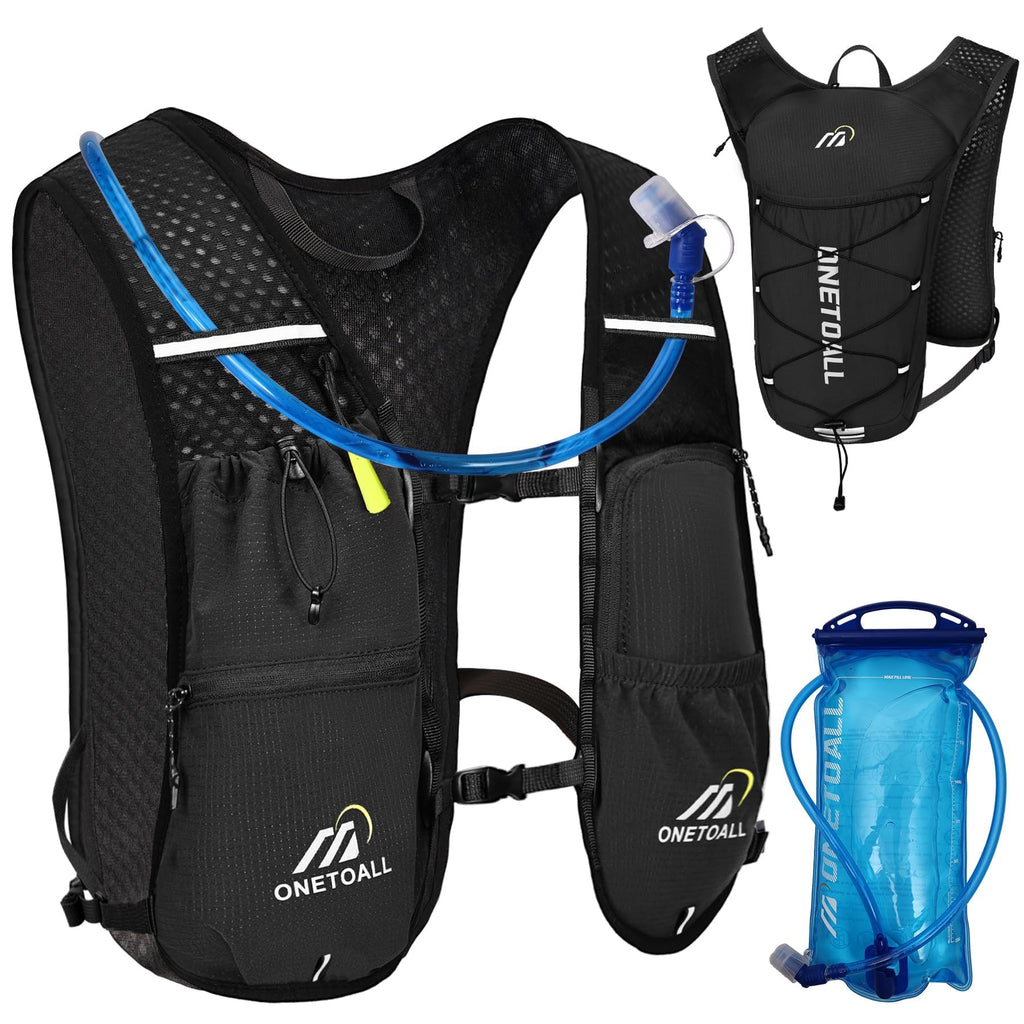 ONETOALL Running Vest for Women & Men,6L Hydration Backpack with 2L Water Bladder,Lightweight Water Backpack for Trail Running, Marathon, Hiking, Cycling, Jogging, Adjustable Fit Black