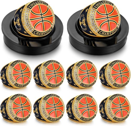 Highergo 10 Pcs Trophy Rings Set - Softball, Baseball, Basketball & More | Includes Display Stand