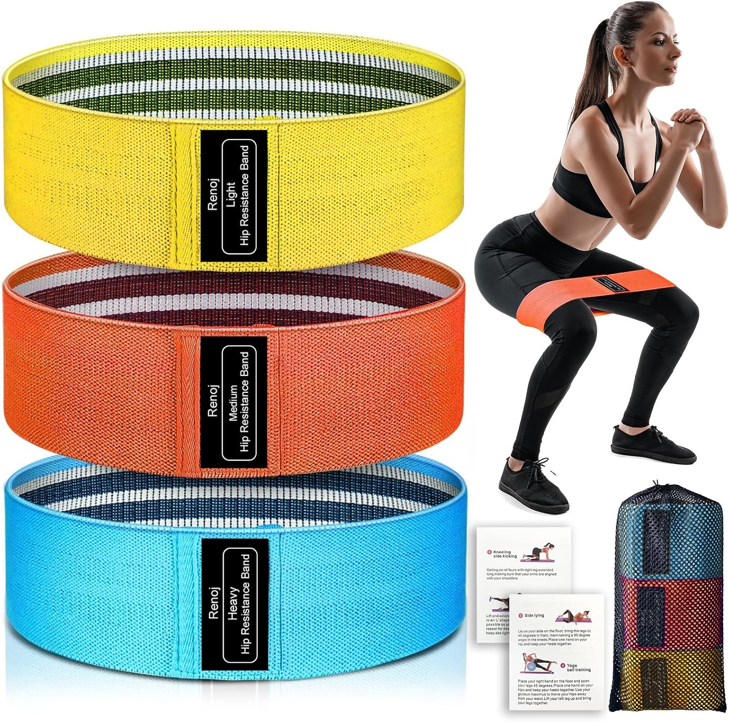 Renoj Resistance Bands - 3-Piece Professional Exercise Set for Pilates, Yoga & Home Gym | Heavy, Medium & Light Fabric Loops